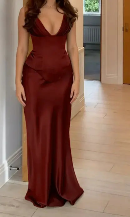 Aimishang Elegant V-neck Sleeveless Green Satin Party Evening Gowns Simple Long Formal Wedding Guest Dress