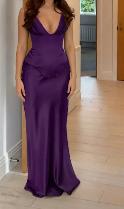Aimishang Elegant V-neck Sleeveless Green Satin Party Evening Gowns Simple Long Formal Wedding Guest Dress