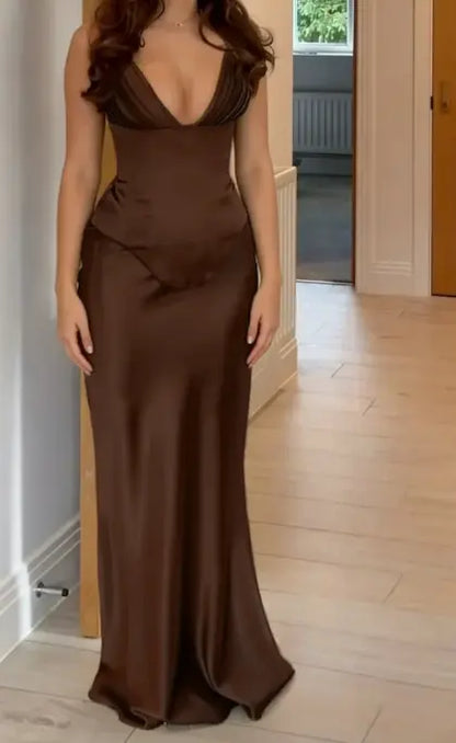 Aimishang Elegant V-neck Sleeveless Green Satin Party Evening Gowns Simple Long Formal Wedding Guest Dress