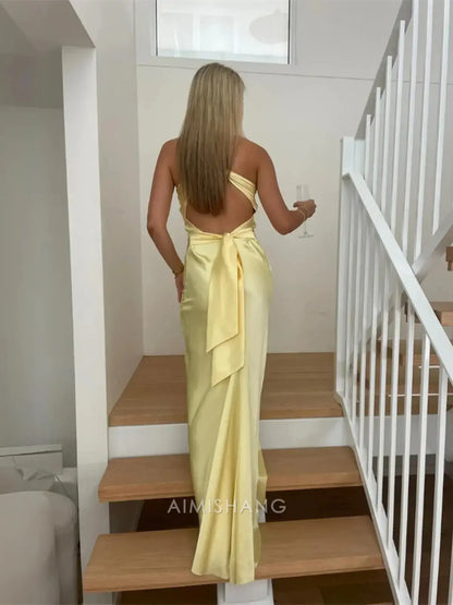 Aimishang Elegant Yellow V-neck Sleeveless Satin Long Formal Prom Dress Simple Party Evening Gowns Fashion Graduation Dress