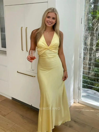 Aimishang Elegant Yellow V-neck Sleeveless Satin Long Formal Prom Dress Simple Party Evening Gowns Fashion Graduation Dress