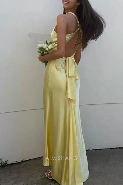 Aimishang Elegant Yellow V-neck Sleeveless Satin Long Formal Prom Dress Simple Party Evening Gowns Fashion Graduation Dress