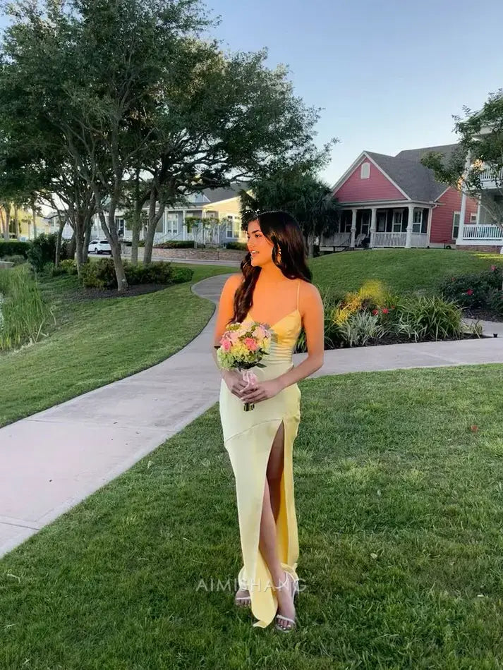 Aimishang Elegant V-neck Sleeveless Yellow Satin Long Formal Prom Dress With Slit Simple Party Evening Gowns Fashion Graduation Dress
