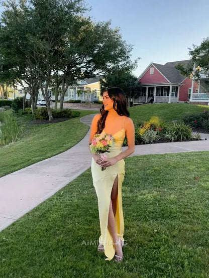 Aimishang Elegant V-neck Sleeveless Yellow Satin Long Formal Prom Dress With Slit Simple Party Evening Gowns Fashion Graduation Dress