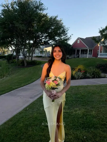 Aimishang Elegant V-neck Sleeveless Yellow Satin Long Formal Prom Dress With Slit Simple Party Evening Gowns Fashion Graduation Dress