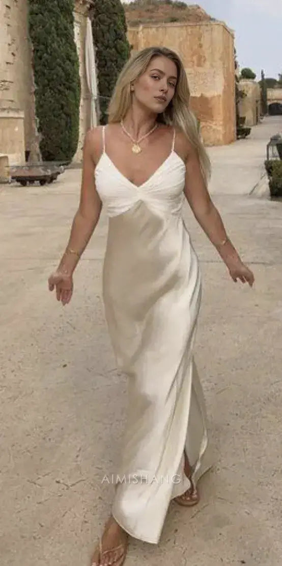 Aimishang Elegant V-neck Spaghetti Straps Sleeveless Long Formal Prom Dress Fashion Evening Party Gowns Simple Graduation Dress