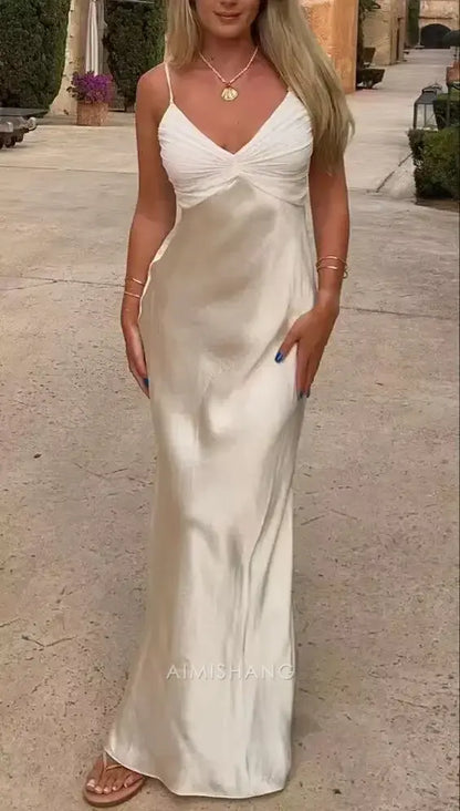 Aimishang Elegant V-neck Spaghetti Straps Sleeveless Long Formal Prom Dress Fashion Evening Party Gowns Simple Graduation Dress