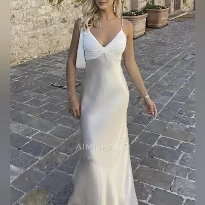 Aimishang Elegant V-neck Spaghetti Straps Sleeveless Long Formal Prom Dress Fashion Evening Party Gowns Simple Graduation Dress