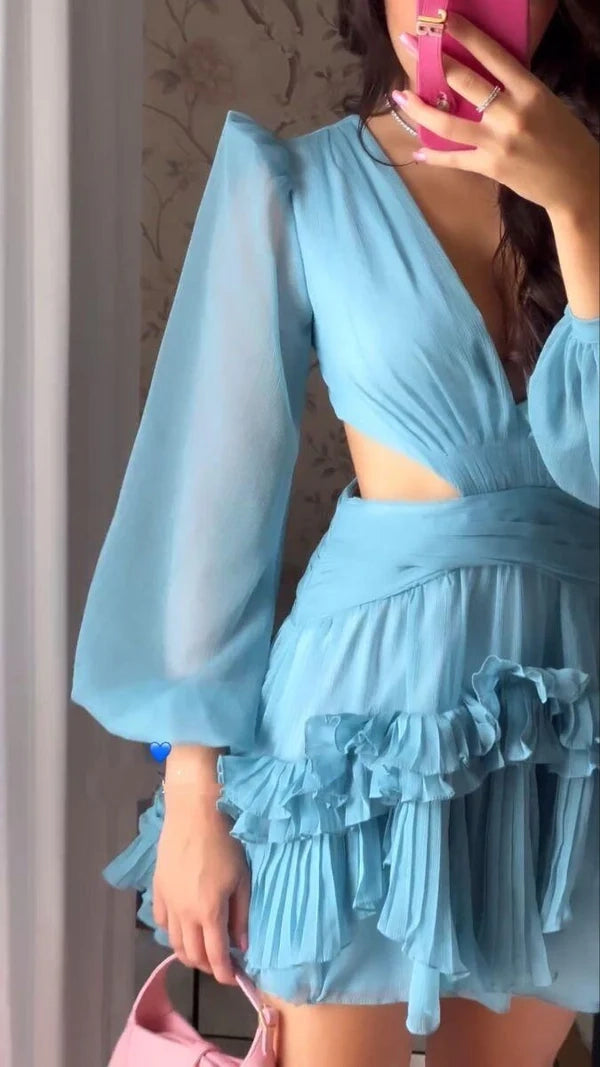 Aimishang Elegant V Neck A Line Long Sleeves Ruffled Short Summer Birthday Party Dress Sweet Homecoming Dress