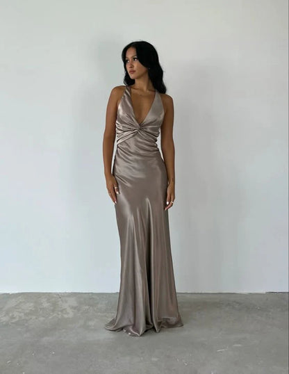 Aimishang Elegant V Neck Mermaid Long Prom Dress Satin Evening Party Gowns Formal Dress