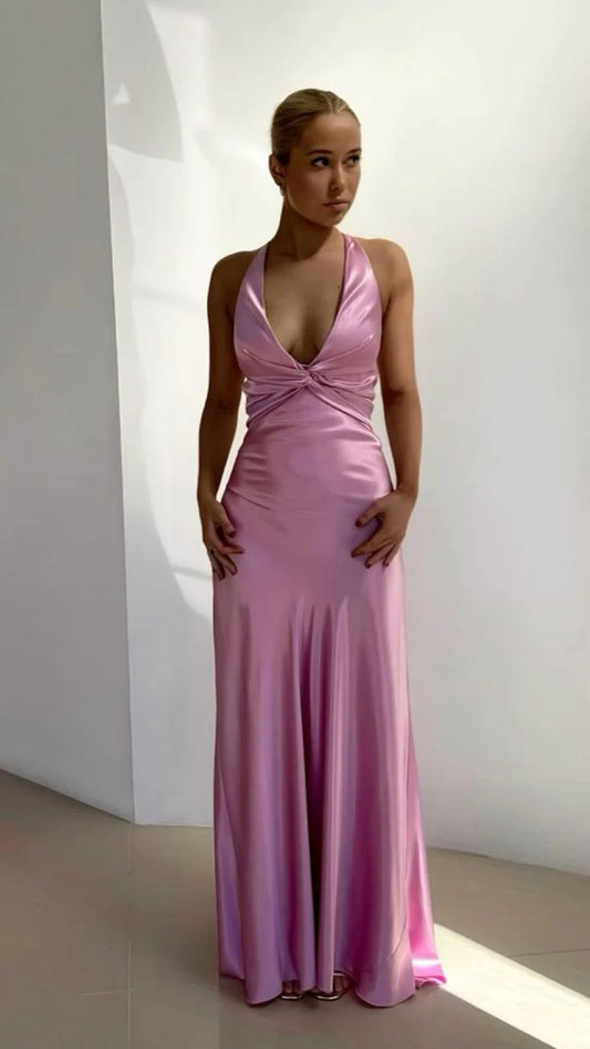Aimishang Elegant V Neck Sleeveless Satin Evening Gowns Sexy Long Prom Dress Simple Formal Party Dress
