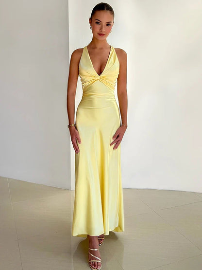 Aimishang Elegant V Neck Sleeveless Satin Evening Gowns Sexy Long Prom Dress Simple Formal Party Dress