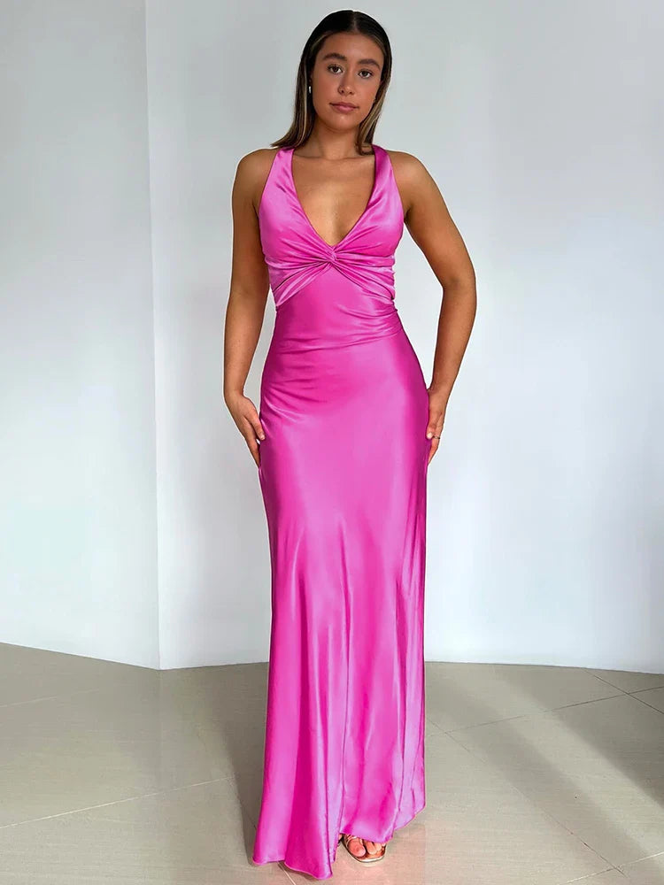 Aimishang Elegant V Neck Sleeveless Satin Evening Gowns Sexy Long Prom Dress Simple Formal Party Dress