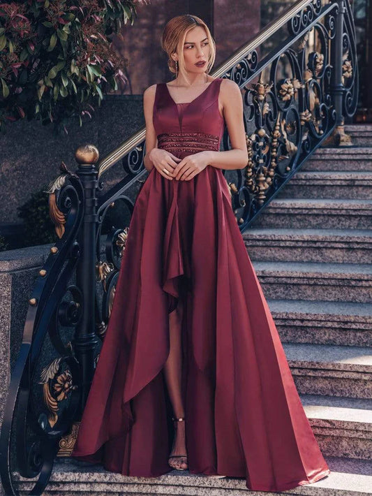 Aimishang Elegant Women's V-Neck Asymmetric High Low Prom Dress Charming Evening Party Dress