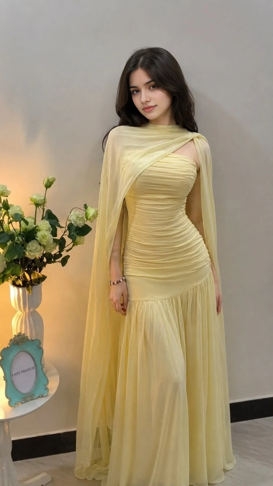 Aimishang Elegant Yellow A-Line Strapless Ruched Chiffon Floor-Length Gown for Women's Party Event