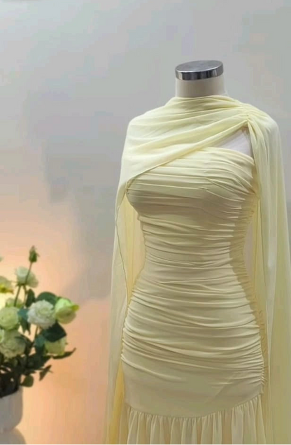 Aimishang Elegant Yellow A-Line Strapless Ruched Chiffon Floor-Length Gown for Women's Party Event