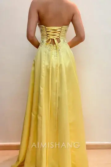 Aimishang Elegant Yellow A-Line Strapless Sleeveless Long Prom Dress Charming Evening Party Dress