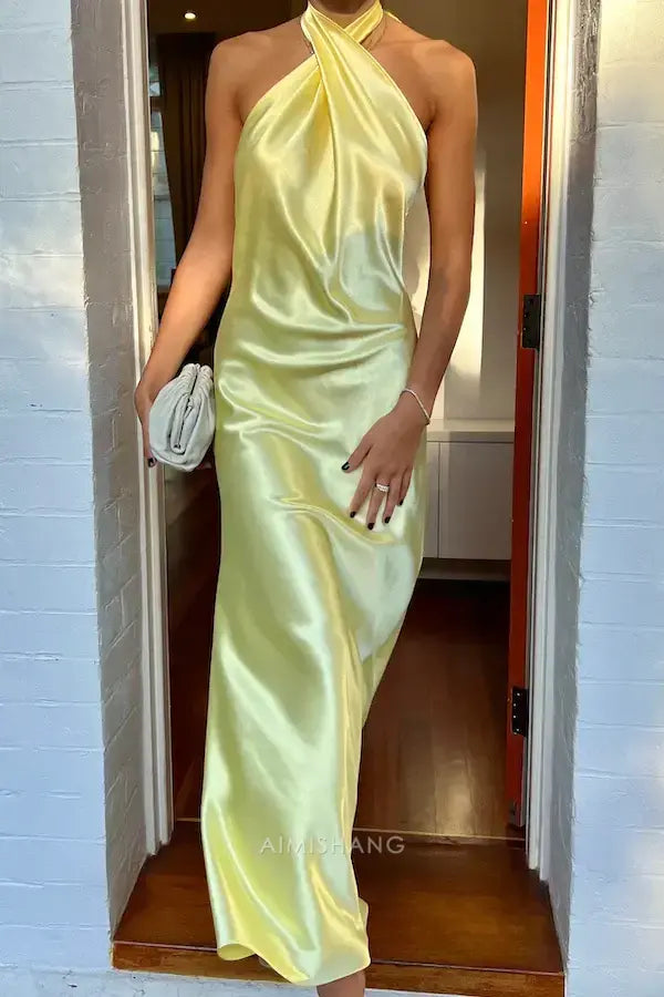 Aimishang Elegant Yellow Halter-neck Backless Evening Party Dress Fashion Wedding Guest Dress Simple Graduation Dress