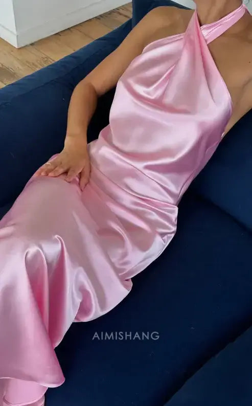 Aimishang Elegant Yellow Halter-neck Backless Evening Party Dress Fashion Wedding Guest Dress Simple Graduation Dress