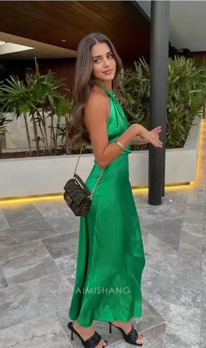 Aimishang Elegant Yellow Halter-neck Backless Evening Party Dress Fashion Wedding Guest Dress Simple Graduation Dress
