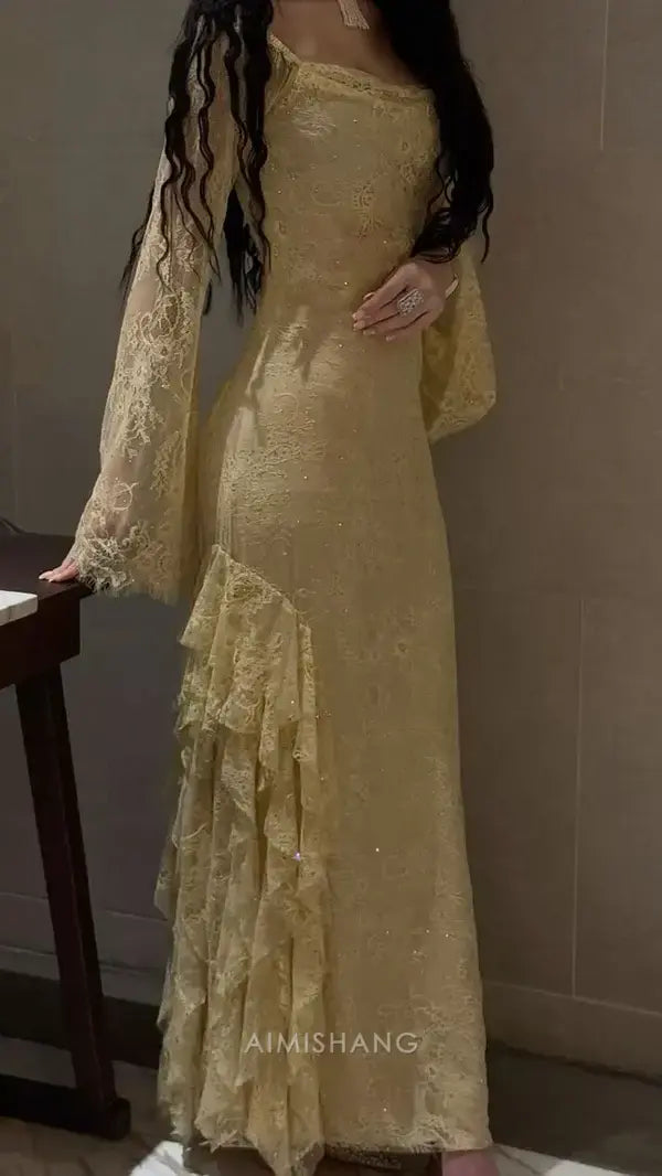 Aimishang Elegant Lace Long Sleeves Formal Prom Dress Sweet Birthday Dress Charming Party Evening Gown