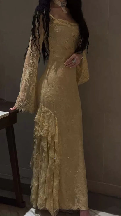 Aimishang Elegant Lace Long Sleeves Formal Prom Dress Sweet Birthday Dress Charming Party Evening Gown
