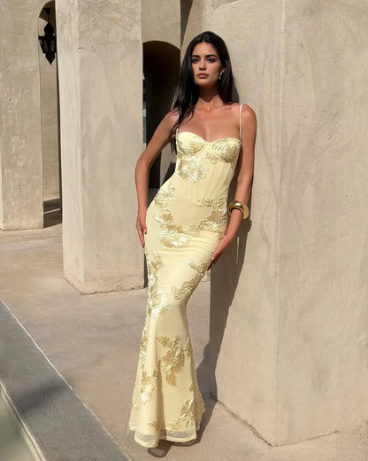 Aimishang Elegant Yellow Mermaid Sweetheart Spaghetti Straps Sleeveless Women's Long Formal Prom Dress