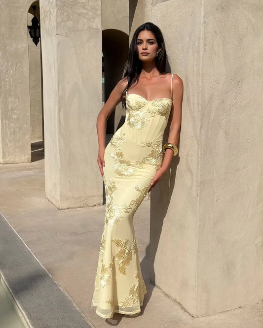 Aimishang Elegant Yellow Mermaid Sweetheart Spaghetti Straps Sleeveless Women's Long Formal Prom Dress