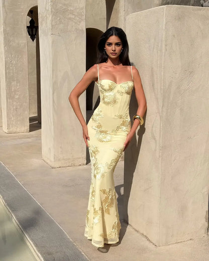 Aimishang Elegant Yellow Mermaid Sweetheart Spaghetti Straps Sleeveless Women's Long Formal Prom Dress