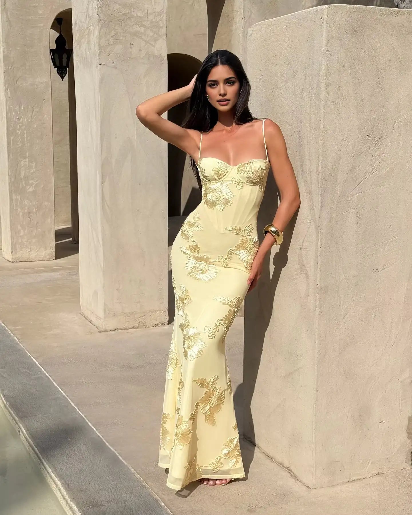 Aimishang Elegant Yellow Mermaid Sweetheart Spaghetti Straps Sleeveless Women's Long Formal Prom Dress