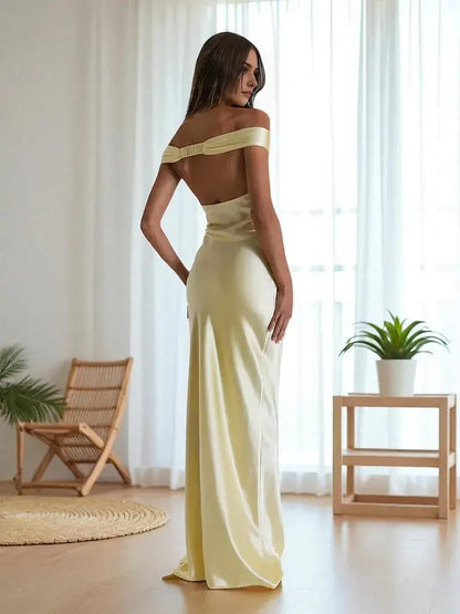 Aimishang Elegant Yellow Satin Off the Shoulder Long Formal Prom Dress Pretty Graduation Dress Simple Evening Gowns