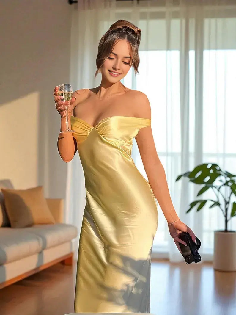 Aimishang Elegant Yellow Satin Off the Shoulder Long Formal Prom Dress Pretty Graduation Dress Simple Evening Gowns