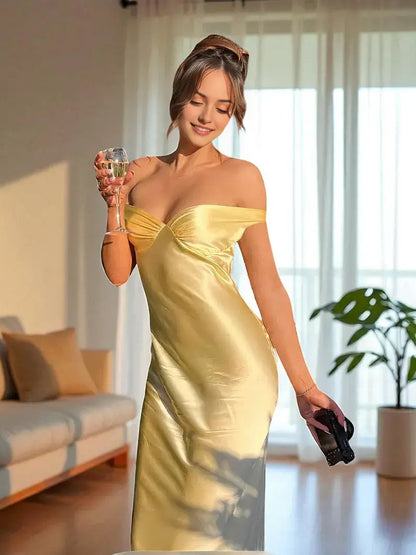 Aimishang Elegant Yellow Satin Off the Shoulder Long Formal Prom Dress Pretty Graduation Dress Simple Evening Gowns