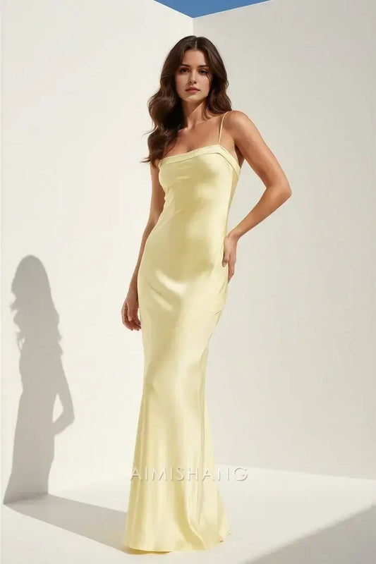 Aimishang Elegant Yellow Satin Spaghetti Straps Sleeveless Long Formal Prom Dress Charming Graduation Dress Simple Party Evening Gowns