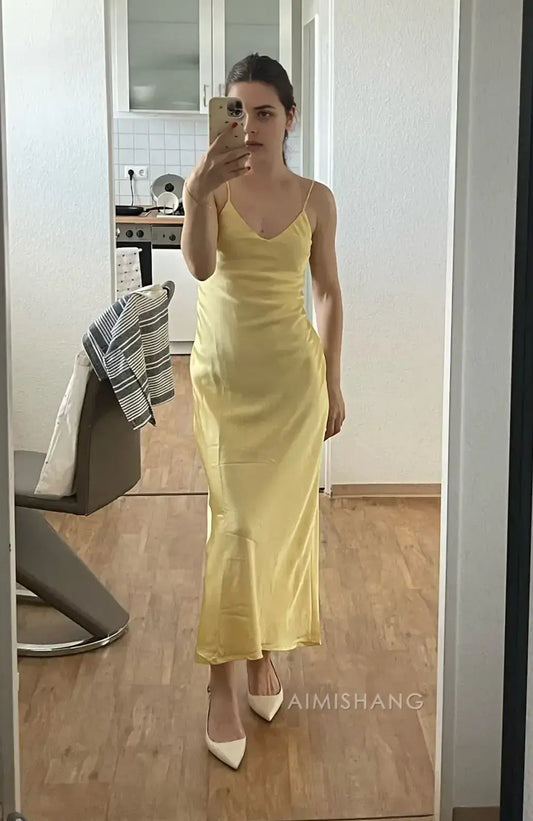 Aimishang Elegant Yellow Satin V-neck Sleeveless Formal Prom Dress Simple Party Evening Gowns Fashion Graduation Dress
