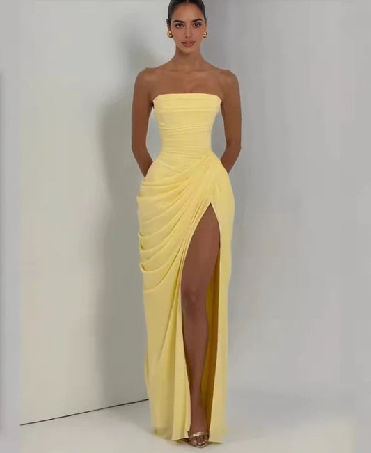 Aimishang Elegant Yellow Sheath Strapless Sleeveless Ruched Slit Chiffon Floor-Length Evening Gown Women's Party Dress
