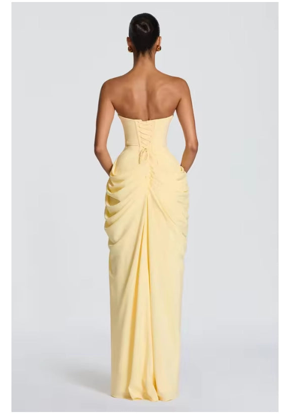 Aimishang Elegant Yellow Sheath Strapless Sleeveless Ruched Slit Chiffon Floor-Length Evening Gown Women's Party Dress