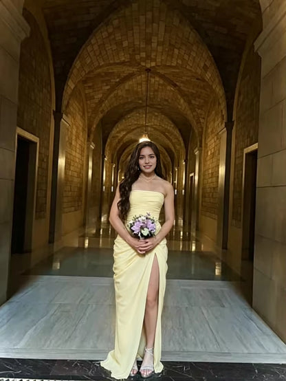 Aimishang Elegant Yellow Sheath Strapless Sleeveless Ruched Slit Chiffon Floor-Length Evening Gown Women's Party Dress
