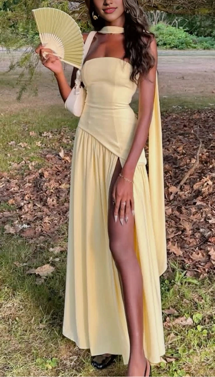 Aimishang Elegant Yellow Strapless A Line Sleeveless Long Formal Prom Dress Sweet Graduation Party Dress With Slit