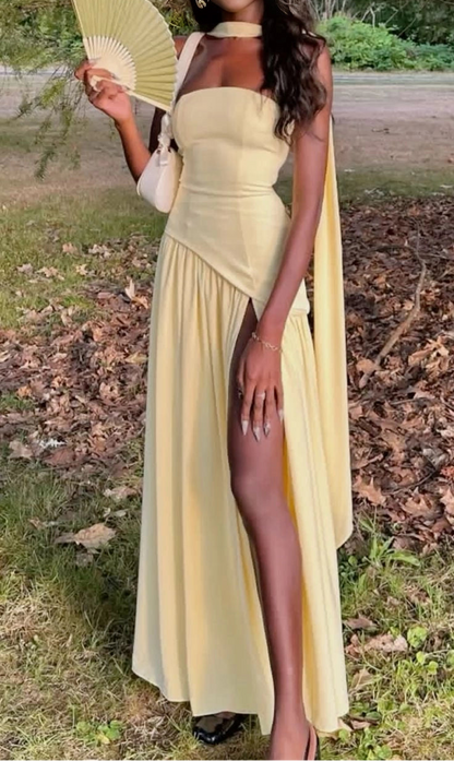 Aimishang Elegant Yellow Strapless A Line Sleeveless Long Formal Prom Dress Sweet Graduation Party Dress With Slit