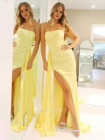 Aimishang Elegant Yellow Strapless Sleeveless Long Formal Prom Dress With Slit Simple Party Evening Gowns Fashion Graduation Dress