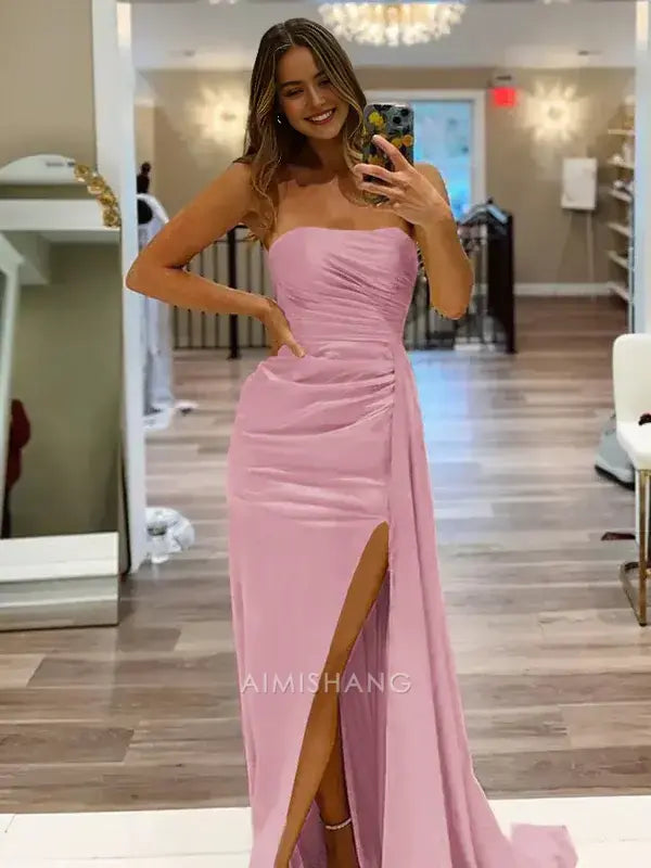 Aimishang Elegant Yellow Strapless Sleeveless Long Formal Prom Dress With Slit Simple Party Evening Gowns Fashion Graduation Dress