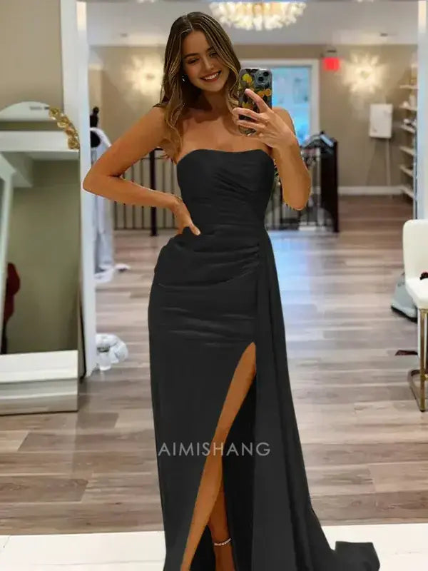 Aimishang Elegant Yellow Strapless Sleeveless Long Formal Prom Dress With Slit Simple Party Evening Gowns Fashion Graduation Dress