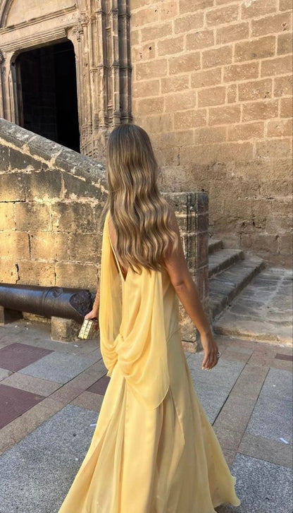 Aimishang Elegant Yellow V-neck A-line Sleeveless Satin Party Evening Gown Chic Wedding Guest Dress for Women