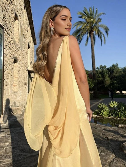 Aimishang Elegant Yellow V-neck A-line Sleeveless Satin Party Evening Gown Chic Wedding Guest Dress for Women