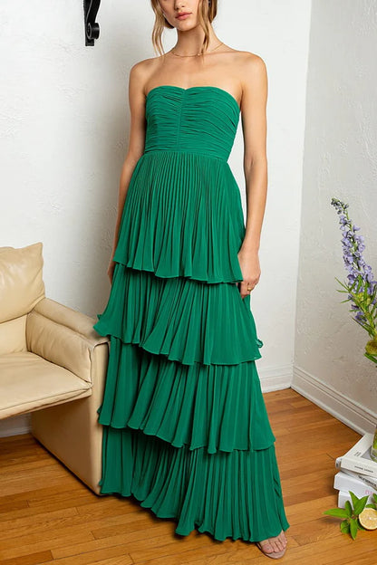 Wholesale Strapless Emerald Evening Dress Green Ruffle Multi-Layer Long Prom Dress