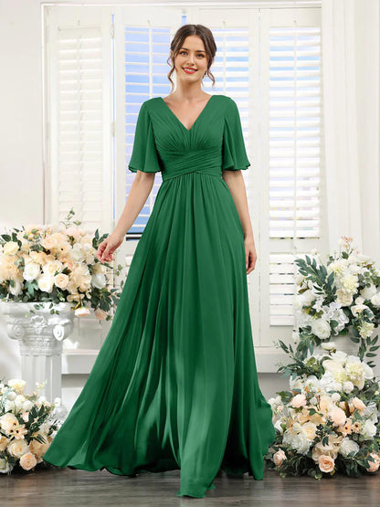 Wholesale A-Line Bridesmaid Dress for Wedding Guest V-Neck Sleeve Long Chiffon Formal Party Dresses with Slit