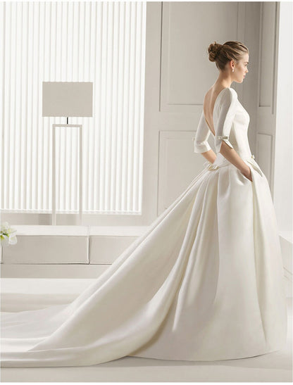 Aimishang Engagement Formal Fall Wedding Dresses A-Line Scoop Neck Half Sleeve Court Train Bridal Gowns With Bow(s) Pleats Summer Wedding Party