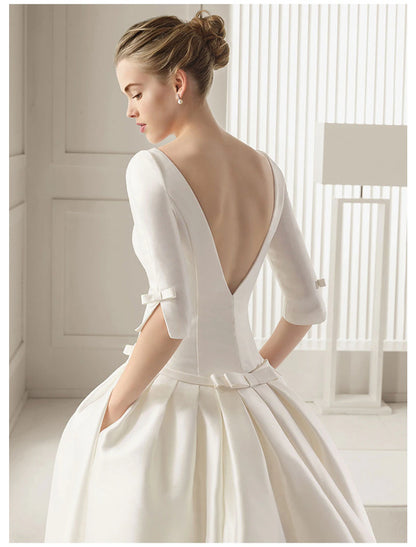 Aimishang Engagement Formal Fall Wedding Dresses A-Line Scoop Neck Half Sleeve Court Train Bridal Gowns With Bow(s) Pleats Summer Wedding Party