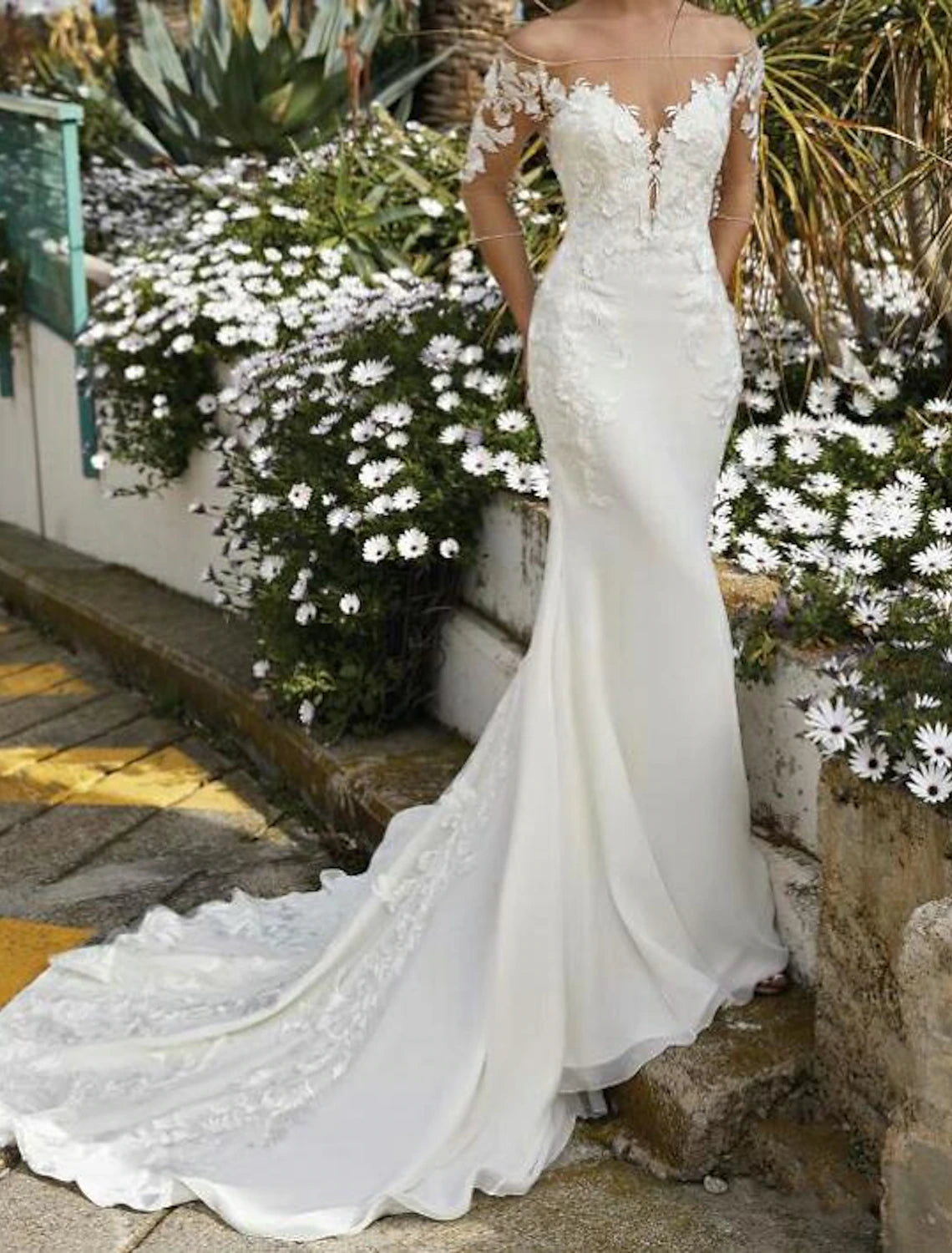 Aimishang Engagement Formal Fall Wedding Dresses Mermaid / Trumpet Off Shoulder Half Sleeve Court Train Lace Bridal Gowns With Embroidery Appliques Summer Wedding Party